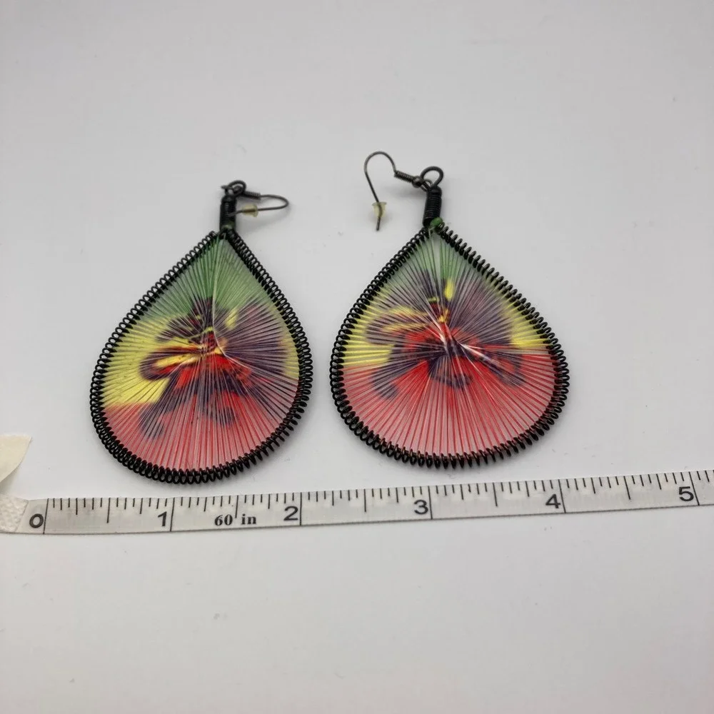 Boho Rasta String Art Teardrop Earrings Red Yellow Green Statement Dangle
